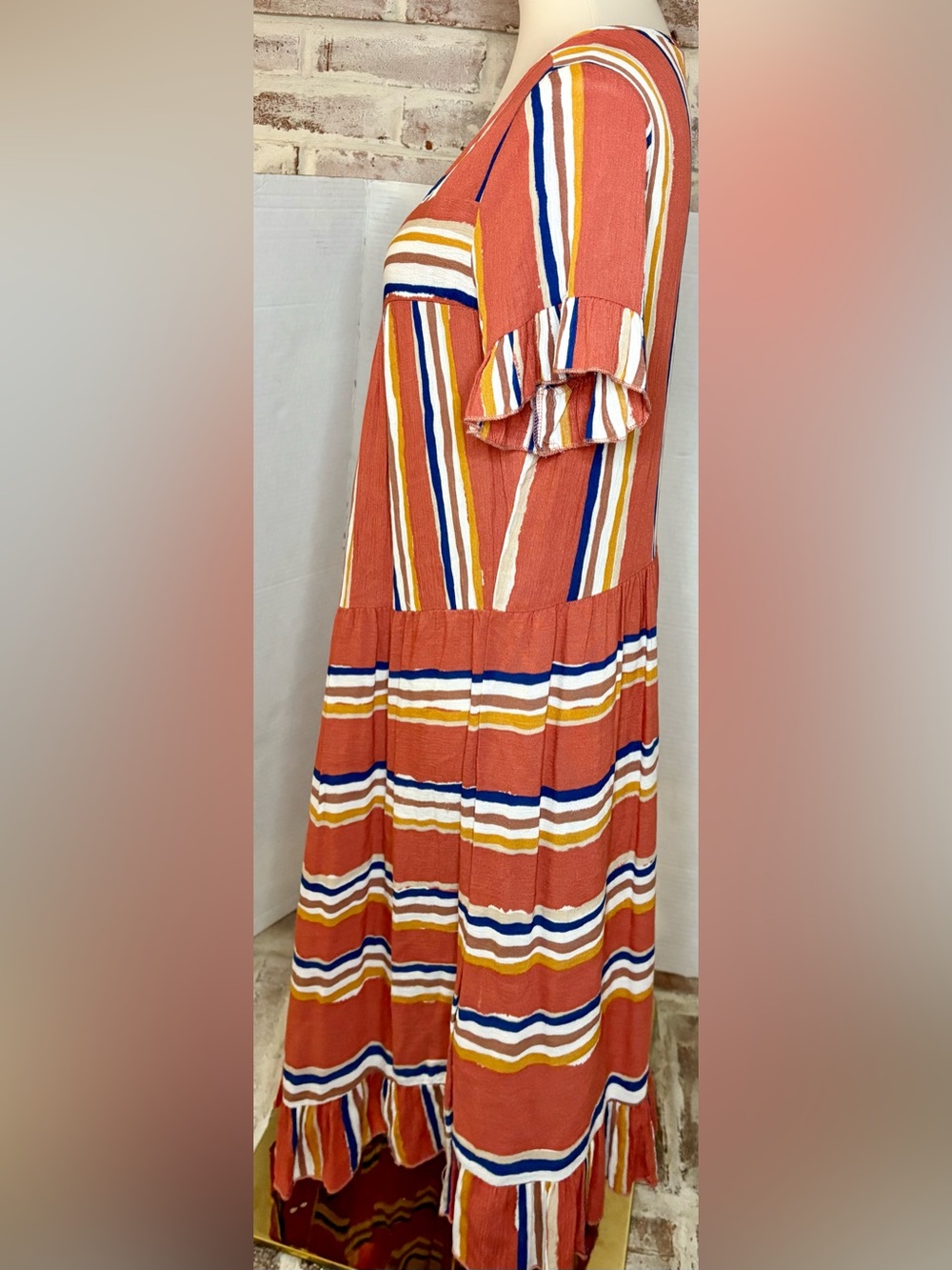Hailey & Co Rust Stripe Tiered Ruffle Sleeve Midi Dress Women’s Medium NWT - Picture 9 of 13